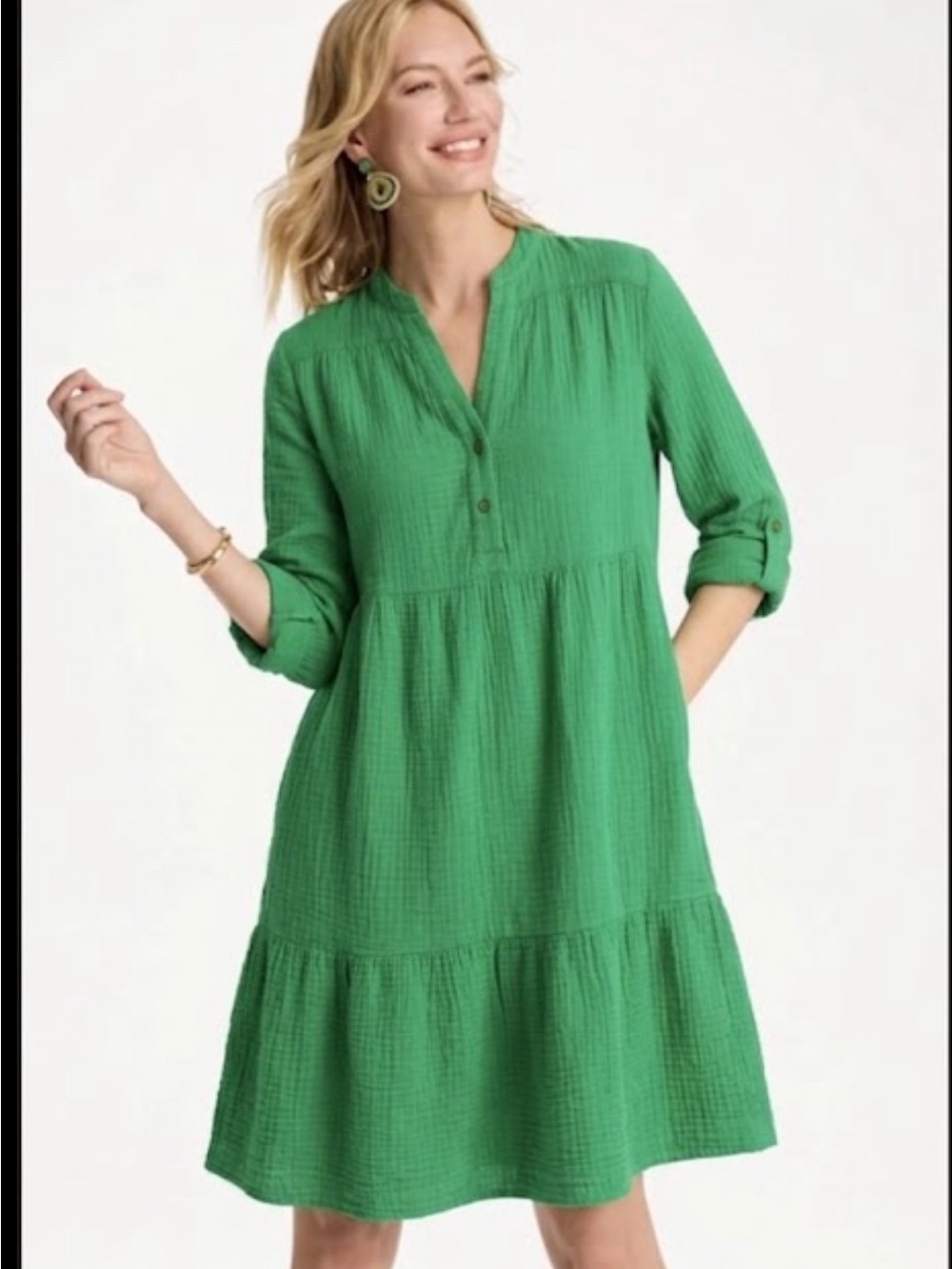 Chicos size 1 emerald Green Cotton Gauze Tiered popover v-neck Shirt Dress